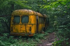 Abandoned yellow tram in forest Product Image 1
