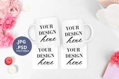 2 White Coffee Mugs 2 Coasters mockup Valentine's Day PSD Product Image 2