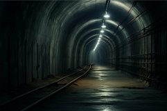 Mysterious railway tunnel illuminated by hanging lights Product Image 1