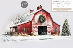 Christmas red barn clipart, Winter, Christmas clipart Product Image 1