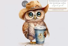 Owl drinking coffee clipart, Owl clipart, Cowboy hat Product Image 1