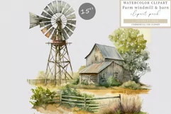 Windmill clipart, Old farm clipart, Watercolor clipart Product Image 1