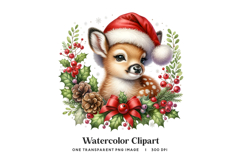 Watercolor Fawn Wreath Clipart Red Bow Holly Pine Christmas Product Image 1