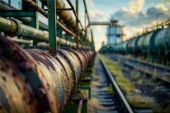Industrial railroad, rustic pipelines and freight wagons Product Image 1