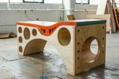 Modern plywood bench standing on workshop&#039;s wooden floor Product Image 1