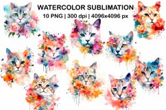 Watercolor Cats with flowers sublimation designs png bundle Product Image 1
