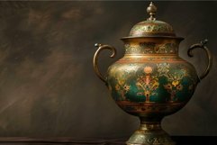 Antique metal vase showing floral decoration standing on woo Product Image 1