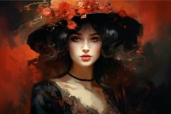 Enigmatic beauty with floral hat in red ambiance Product Image 1
