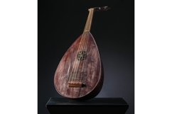 Ancient Asian stringed musical instrument on black Product Image 1