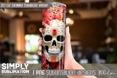 3D Floral Skull Sublimation Skinny Tumbler Wrap| 20oz | Png Product Image 2