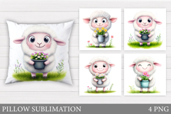 Cute Lamb Pillow Design. Lamb Flowers Pillow Sublimation Product Image 1