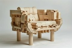 Modern armchair made of wooden planks standing on white back Product Image 1