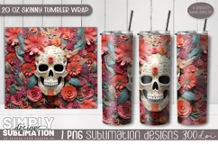 3D Floral Skull Sublimation Skinny Tumbler Wrap| 20oz | Png Product Image 1