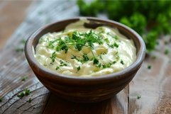 Fresh herbed mayonnaise in rustic bowl Product Image 1