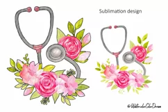Nurse Floral Sublimation design. Watercolor stethoscope PNG Product Image 1