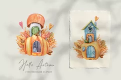 Watercolor fall autumn gnome house clipart. Cute pumpkin png Product Image 1