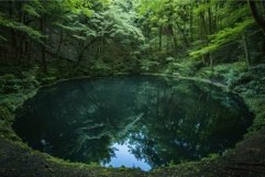 Lush green forest reflecting in calm water of pristine pond Product Image 1