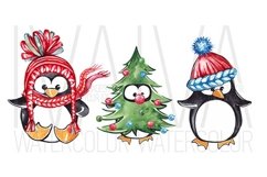 Winter Christmas Clipart, Watercolor Penguins Winter Joy Product Image 4