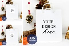 Sticker mockup on white Bag, White Bag Full Wrap Mockup PSD Product Image 1