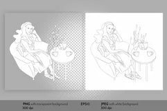 Black and white line art Girl in Cafe coloring page vector Product Image 2