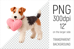 Knitted Valentine Foxterrier Dog with Heart Clipart. Ideal for sublimation projects, Valentines Day gifts, mugs, T-shirts, cards, stickers, scrapbooking, nursery decor, planners, and digital crafts.