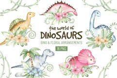 Watercolor Dinosaur Clipart. Cute animals, tropical floral. Product Image 1