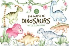 Watercolor Dinosaur Clipart. Cute animals and landscape Product Image 1