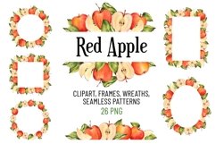 Watercolor fruits. Apple clipart. Frames, wreaths PNG Product Image 1