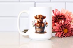 Cute Baby Highland Cow Wood Bucket Flowers PNG Product Image 2