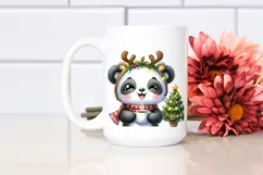 Watercolor Panda with Reindeer Horns and Lights PNG Product Image 2