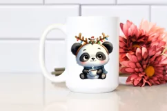 Watercolor Panda with Reindeer Horns and Lights PNG Product Image 2