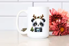 Watercolor Panda with Reindeer Horns and Lights PNG Product Image 2