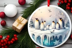 Round Winter Scene with Penguins Ornament Sublimation PNG Product Image 2