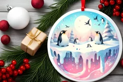 Round Winter Scene with Penguins Ornament Sublimation PNG Product Image 2