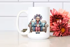 Tea Cup Old Lady Hair Curlers Couch | Sublimation Clipart Product Image 2
