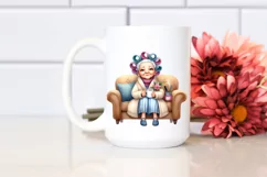 Tea Cup Old Lady Hair Curlers Couch | Sublimation Clipart Product Image 2