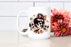 Washed Watercolor Style Halloween Skull with Hair and Bow, Product Image 2