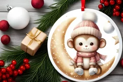 Round Christmas Baby Monkey Digital Painting Sublimation PNG Product Image 2