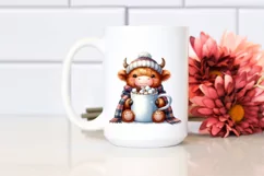 Cute Little Highland Cow with Blanket and Giant Cup PNG Product Image 2