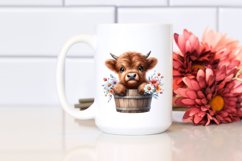 Cute Baby Highland Cow Wood Bucket Flowers PNG Product Image 2