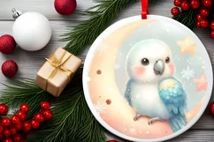 Retro Baby Macaw on Moon Round Christmas Ornament Product Image 1