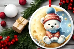 Retro Baby Polar Bear on Moon Round Ornament Sublimation PNG Product Image 1