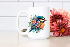 Retro Watercolor Vibrant Bird Half Flowers Clipart Product Image 2