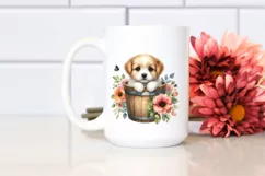 Cute Dog in Wood Bucket PNG Product Image 2