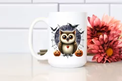 Funny Watercolor Owl with Halloween Fangs Clipart Product Image 2