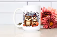 Funny Watercolor Owl with Halloween Fangs Clipart Product Image 2