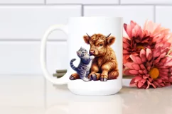 Colorful Highland Cow with Kitten PNG Product Image 2