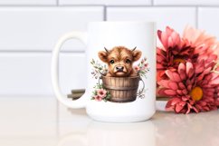 Cute Baby Highland Cow Wood Bucket Flowers PNG Product Image 2