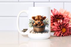 Cute Baby Highland Cow Wood Bucket Flowers PNG Product Image 2