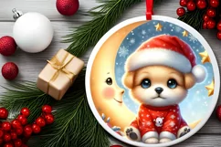 Retro Baby Puppy on Moon Round Christmas Ornament Product Image 2